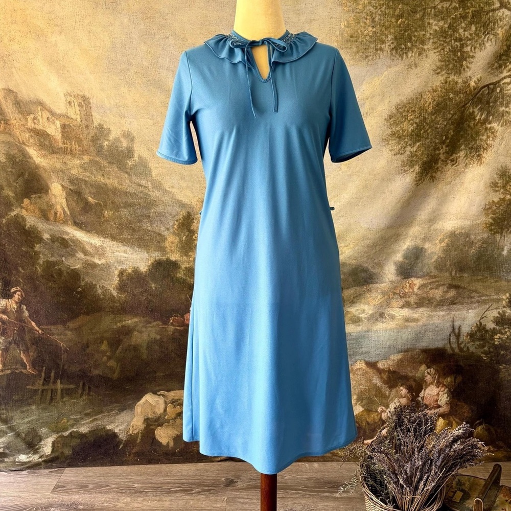 Vintage 70s Blue Sheath Retro Dress St Michael Short Sleeves Ruffle Collar Mod